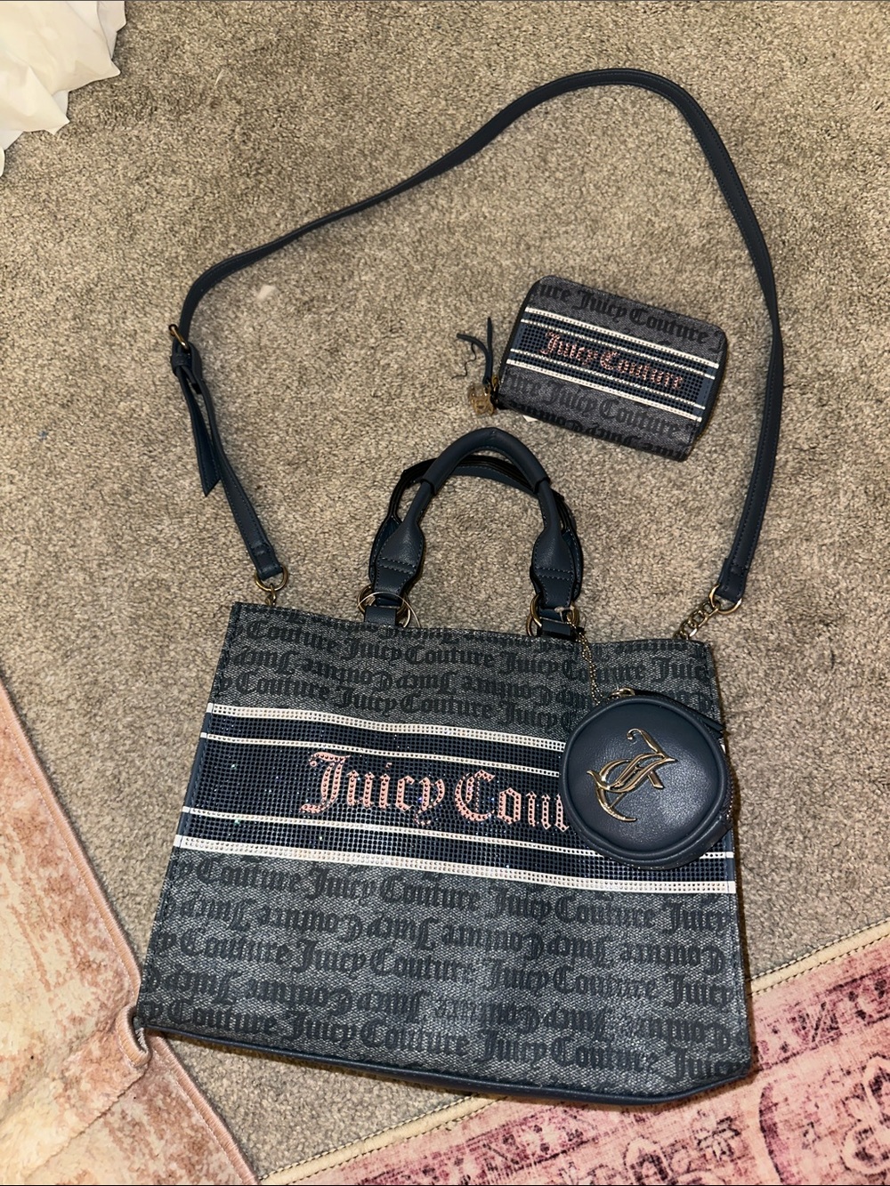 Juicy Couture Navy and Pink Bedazzled Tote with Coin Pouch keychain and Strap